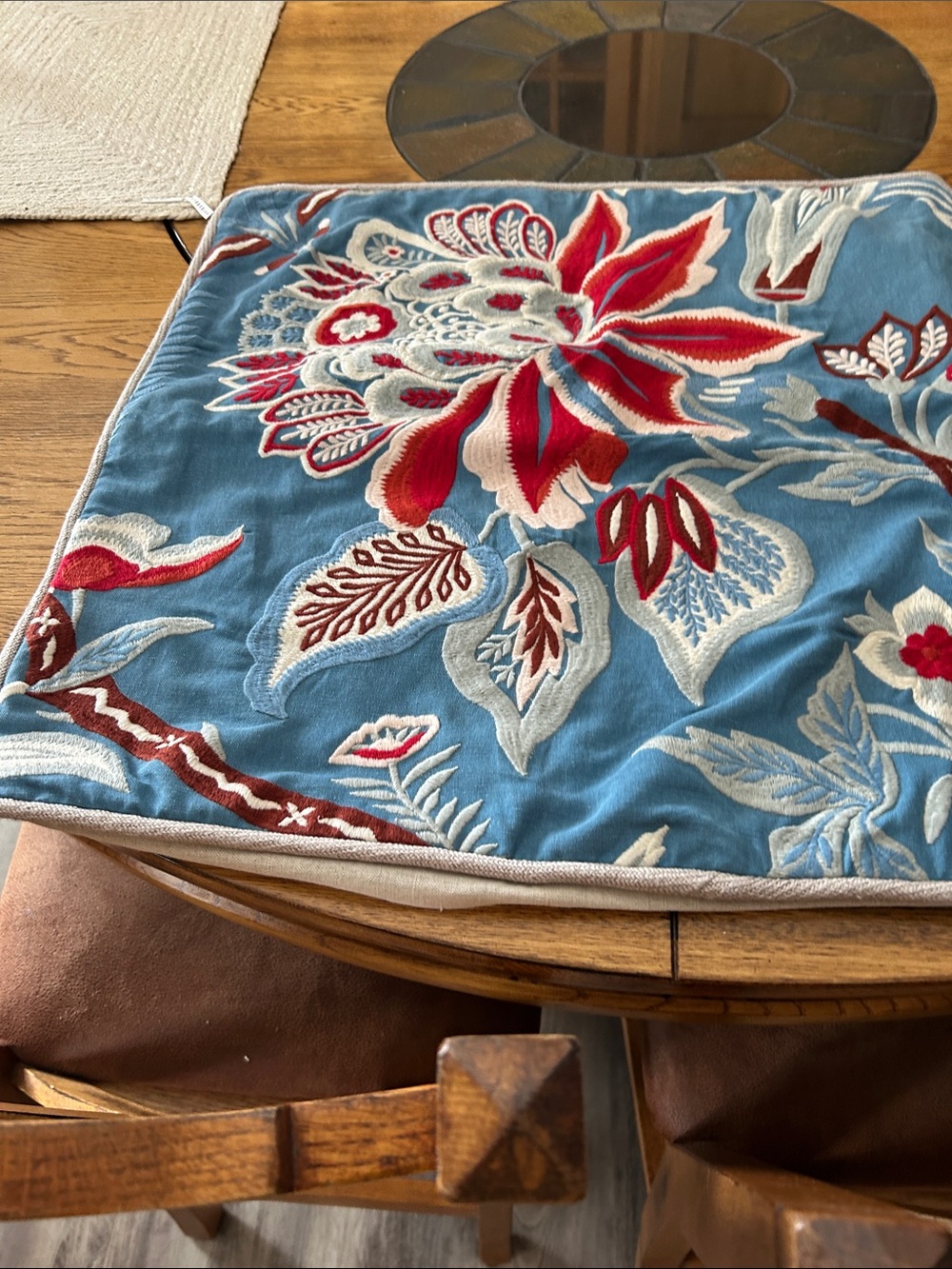Blue Floral Embroidered Accent Pillow Cover with Red and Cream Detailing
